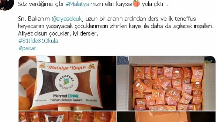 Başkan Çınar'ın '81 il'de 81 okula kayısı' sözü gerçeğe dönüştü