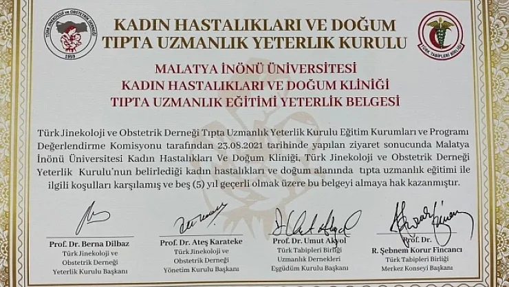 İnönü Kadın Hastalıkları ve Doğum Kliniği'ne yeterlilik belgesi
