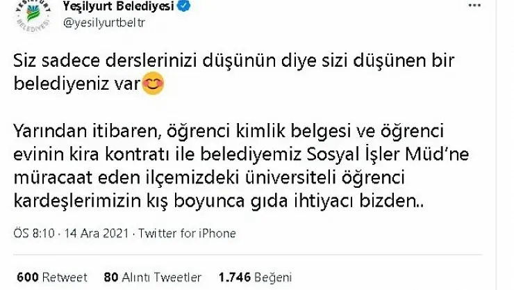 Yeşilyurt Belediyesinden üniversite öğrencilerine büyük jest