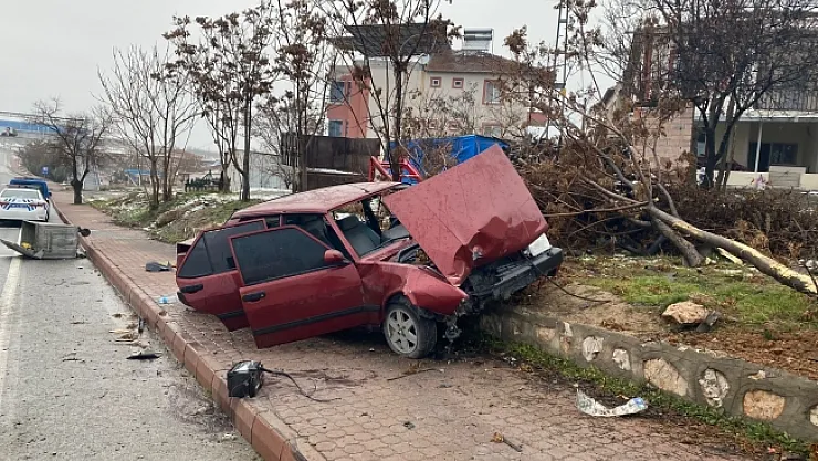 Kontrolden çıkan araç kaldırıma çıkıp ağacı yerinden söktü